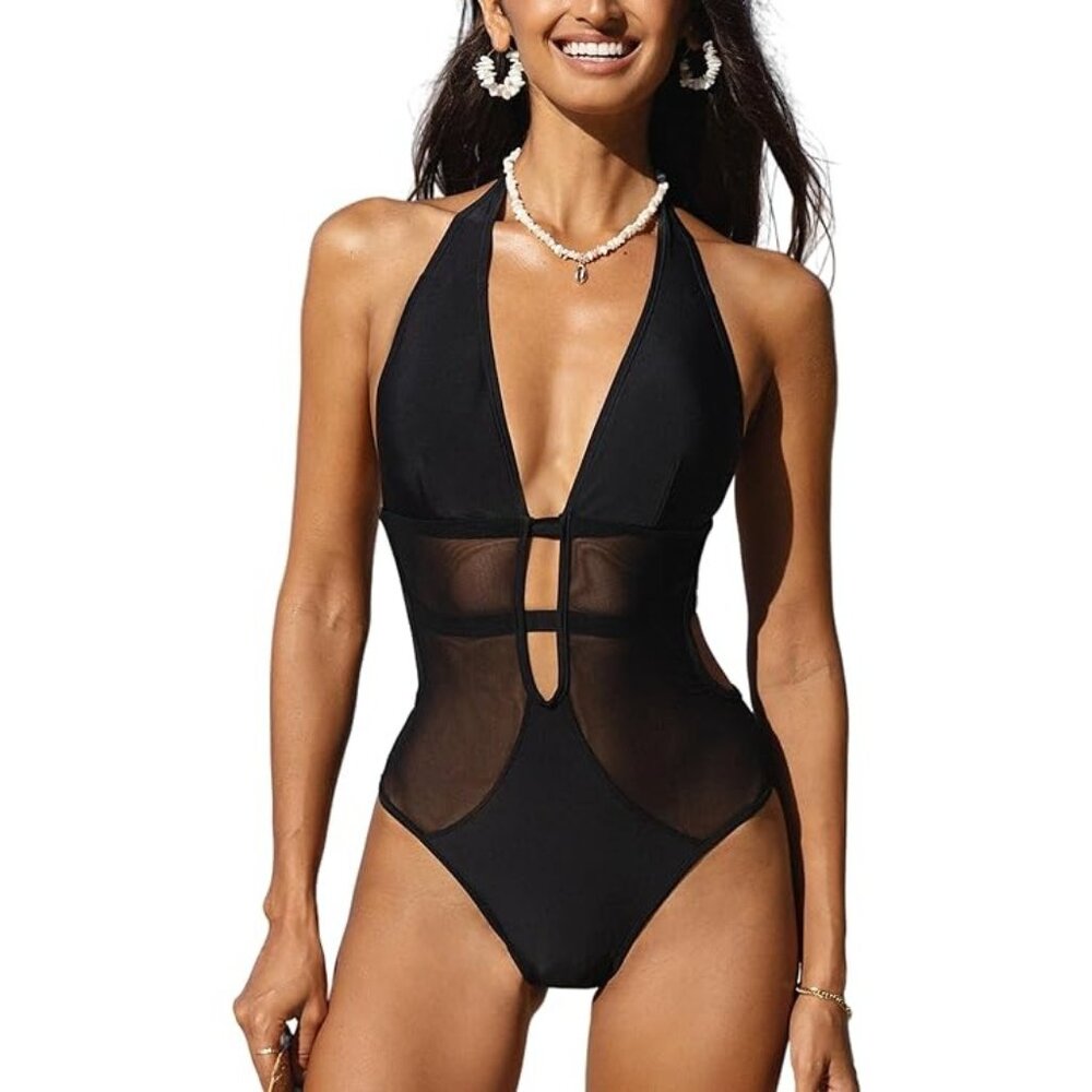 Women's One Piece Swimsuit Bathing Suit Deep V Neck Halter Back Tie Mesh Swimwea